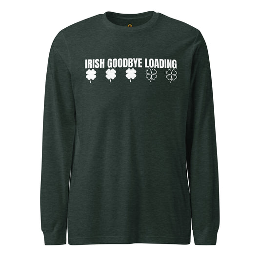 Dark green long-sleeve unisex shirt with 'Irish Goodbye Loading' text and clover icons – Boozie Adams