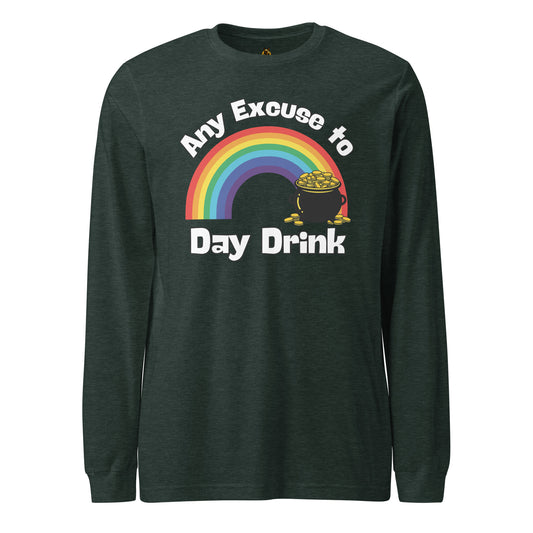 Dark green unisex long-sleeve shirt with rainbow and pot of gold graphic and 'any excuse to day drink' text – Boozie Adams