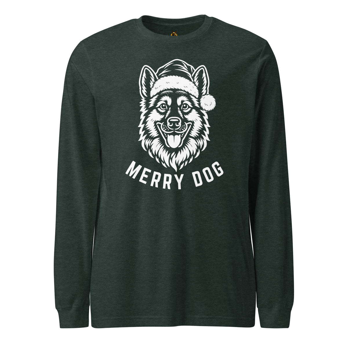 Heather green unisex long sleeve t-shirt with image of dog wearing santa hat and 'Merry Dog' text – Boozie Adams