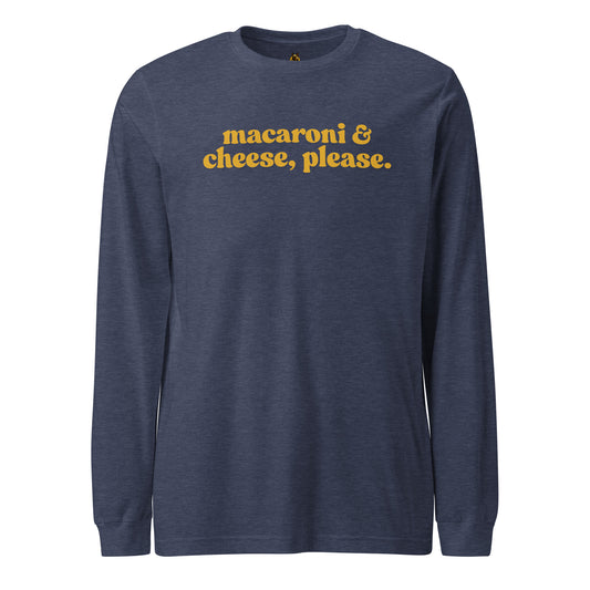Navy long-sleeve shirt with 'macaroni & cheese, please.' text in yellow – Boozie Adams