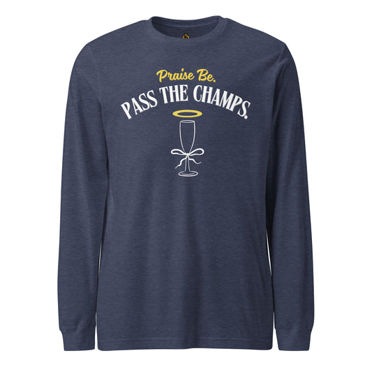 Navy long-sleeve shirt with 'Praise Be, Pass the Champs' text and wine glass graphic – Boozie Adams