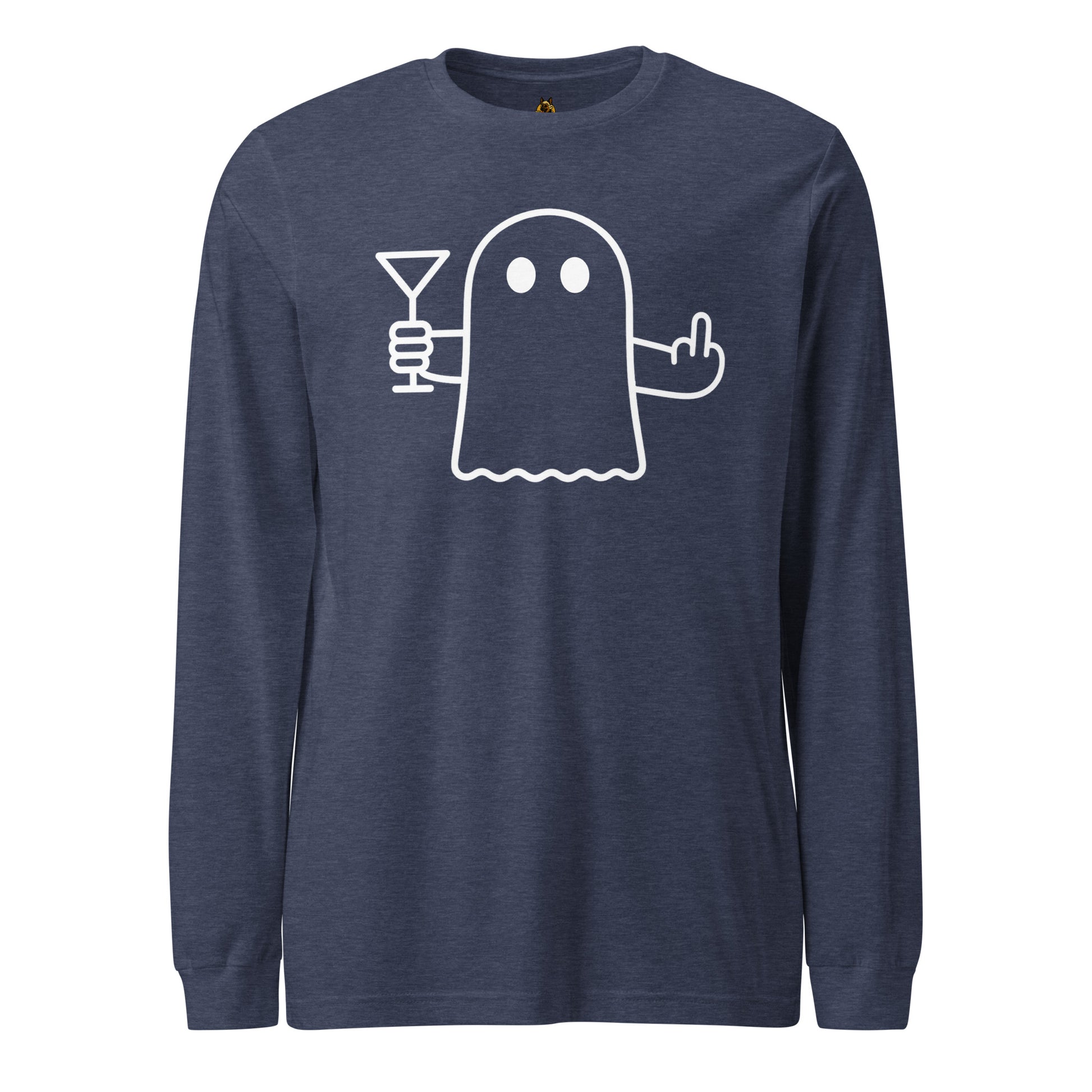 Heather navy unisex long sleeve t-shirt with graphic of ghost flipping the bird and holding a martini – Boozie Adams