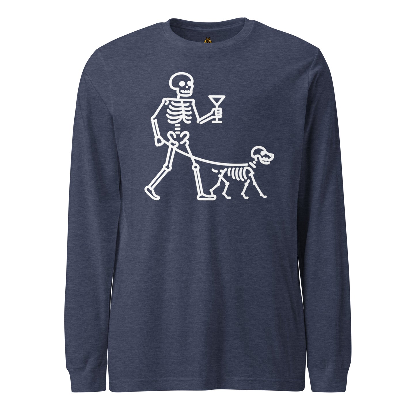 Navy unisex long sleeve t-shirt with white graphic of a ghost walking a skeleton dog and holding a martini