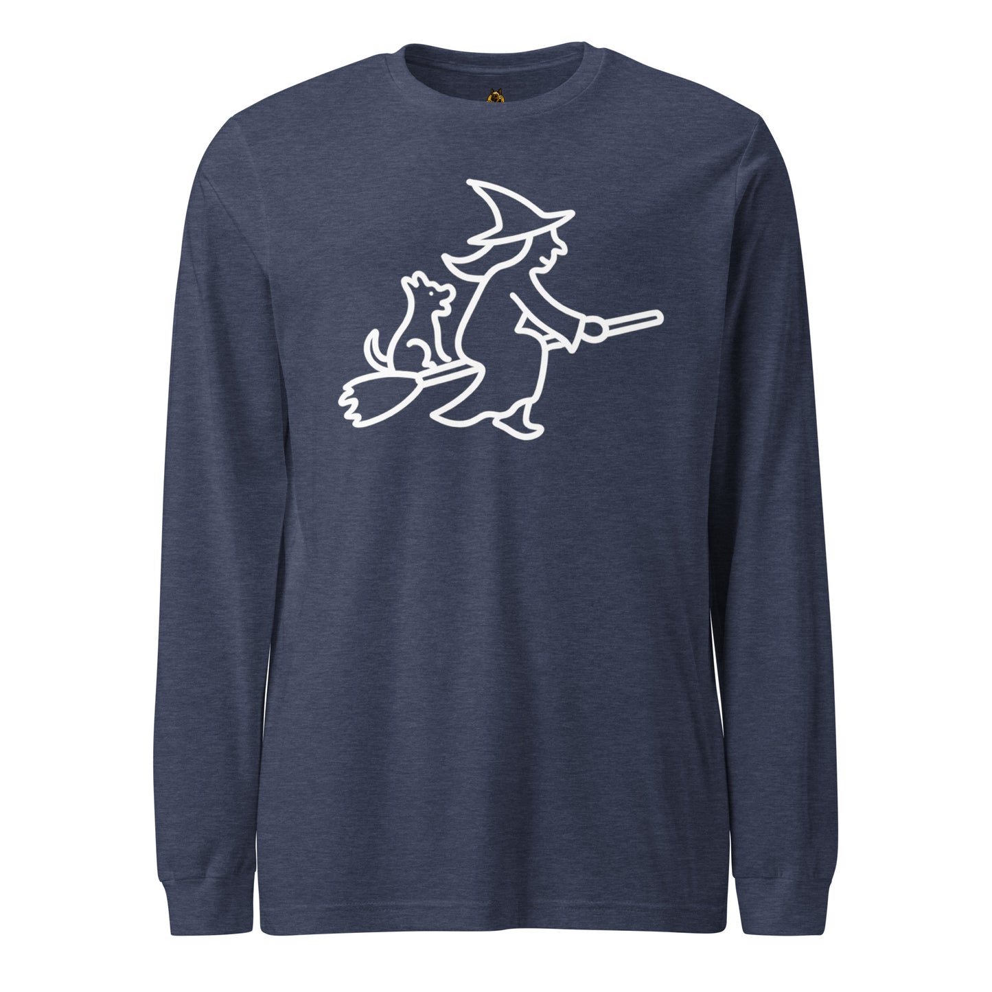 Heather navy unisex long sleeve tee with white graphic of witch on broomstick with dog – Boozie Adams