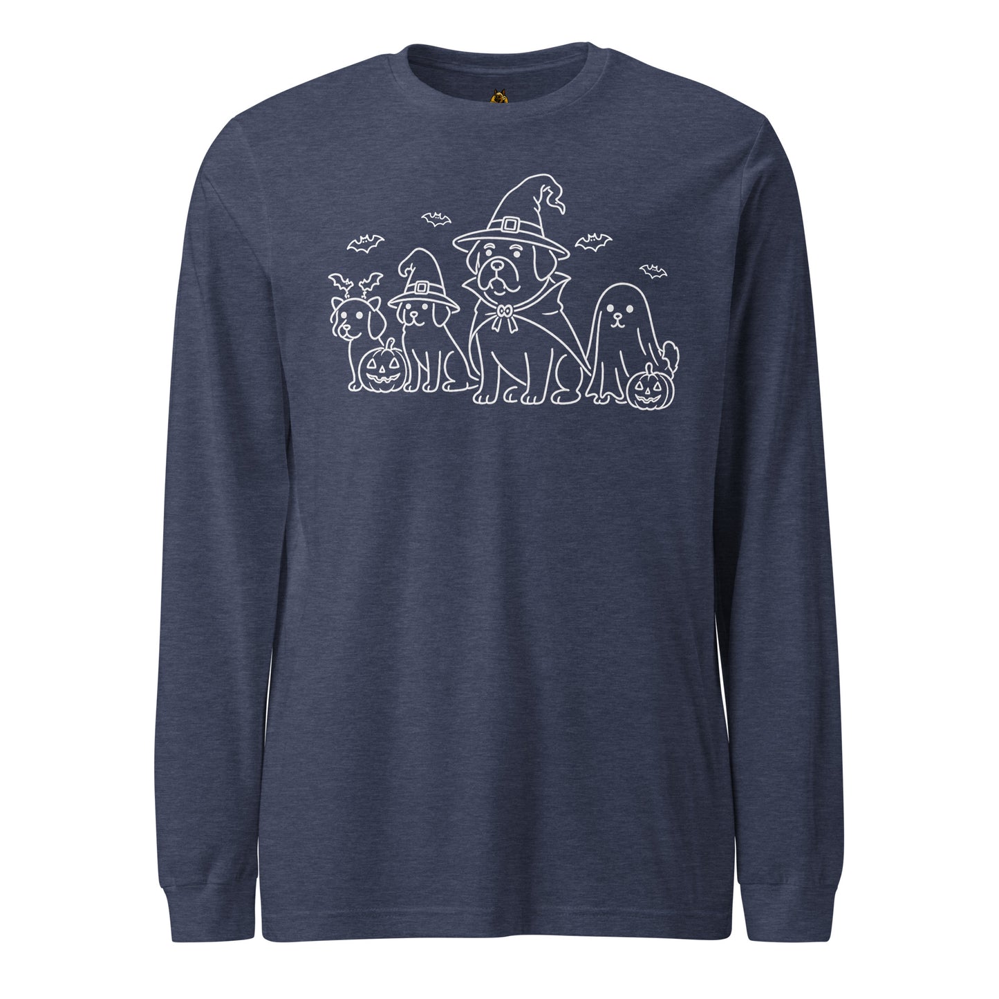 navy unisex long sleeve t-shirt with white graphic of dogs dressed in halloween costumes – Boozie Adams