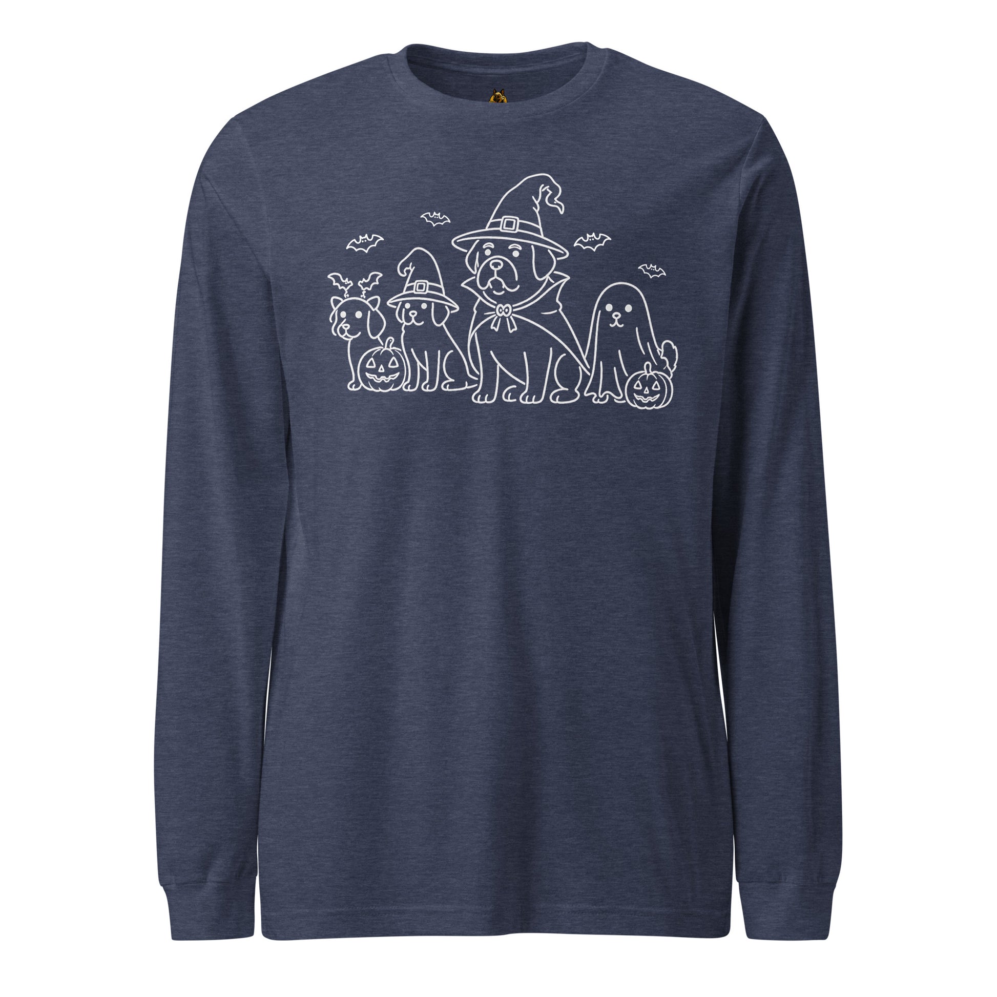 navy unisex long sleeve t-shirt with white graphic of dogs dressed in halloween costumes – Boozie Adams