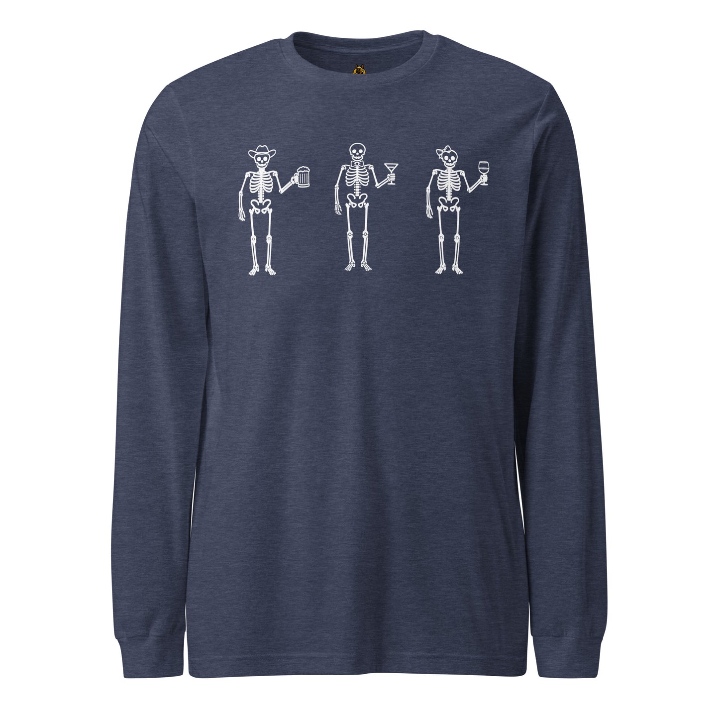Navy unisex long sleeve t-shirt with three skeletons each holding a beer, martini and wine glass – Boozie Adams