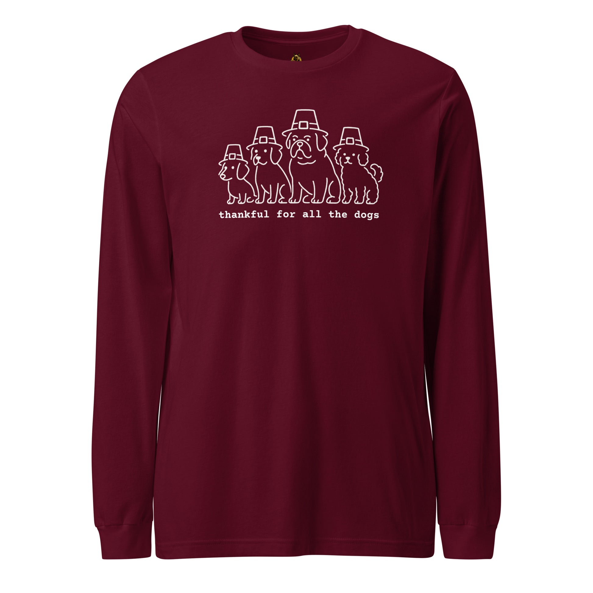 Maroon long-sleeve shirt with a graphic of dogs wearing pilgrim hats and the text 'thankful for all the dogs' in white – Boozie Adams