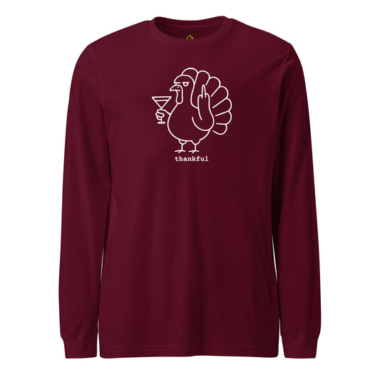 Maroon long-sleeve shirt with a white turkey holiding a martini and flipping the bird graphic and 'thankful' text – Boozie Adams