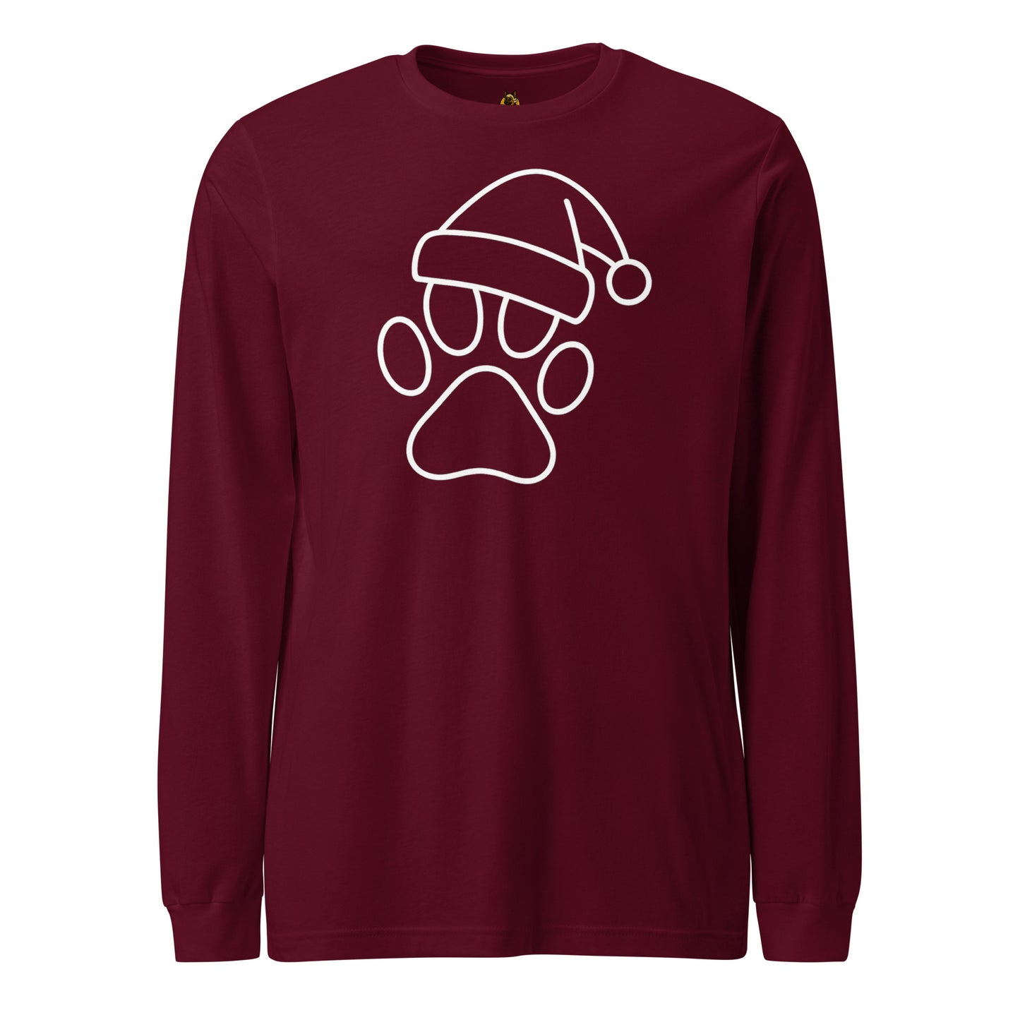 Maroon long-sleeve shirt with a white paw print and Santa hat design – Boozie Adams