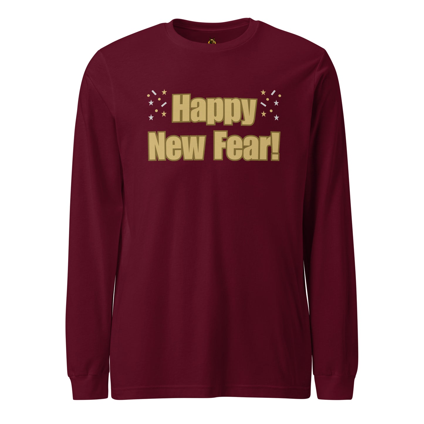 Maroon long-sleeve shirt with 'Happy New Fear!' text in gold – Boozie Adams