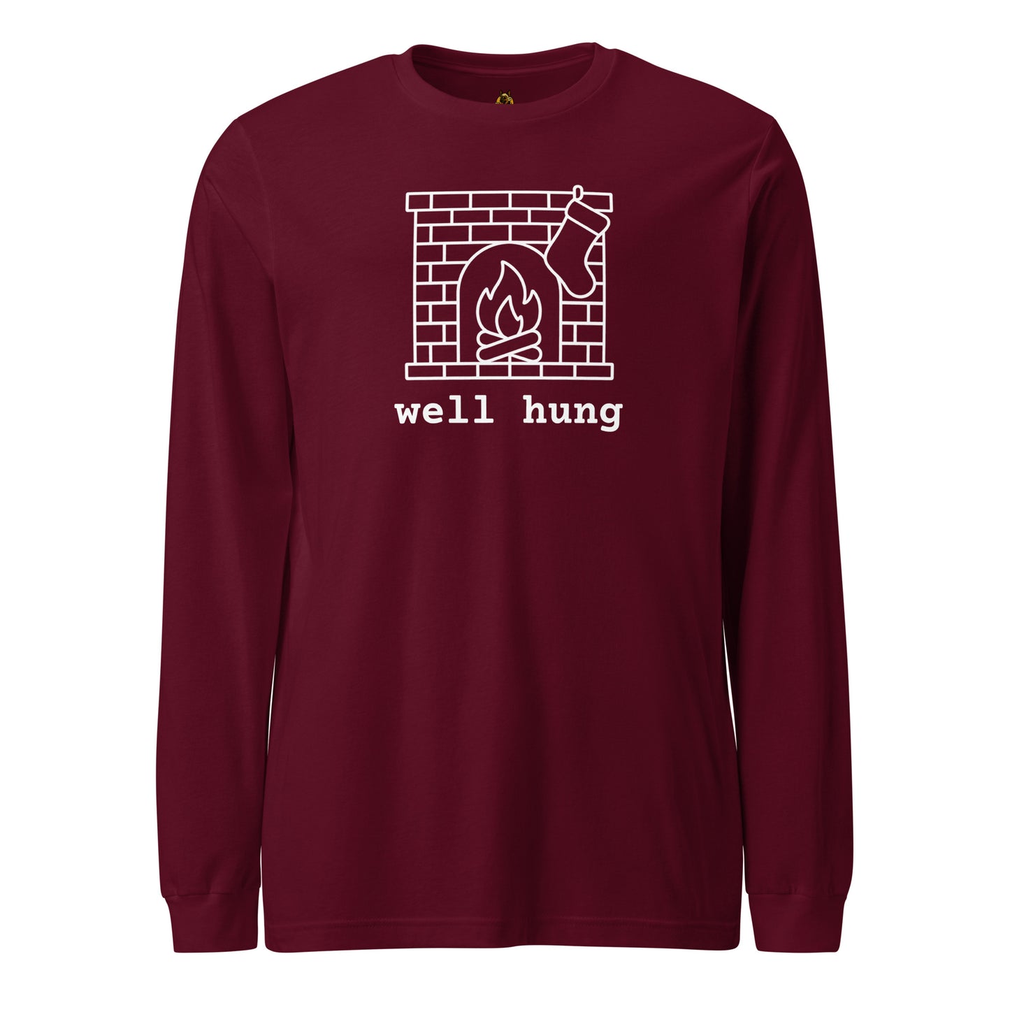 Maroon long-sleeve shirt with a stocking hung on a fireplace graphic and 'well hung' text – Boozie Adams