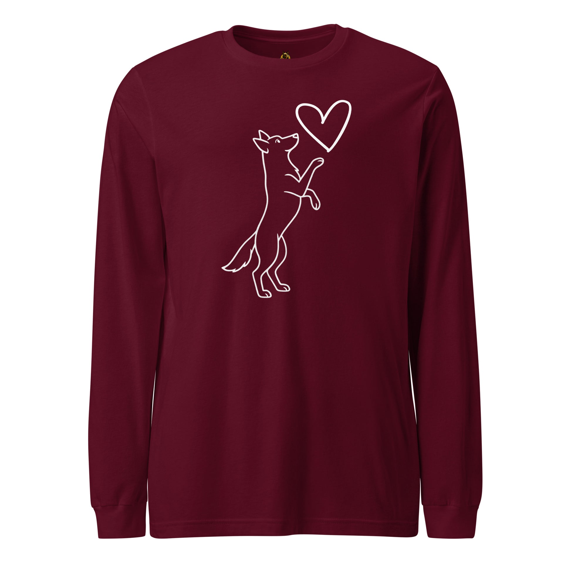 Maroon unisex long-sleeve shirt with a white dog and heart design – Boozie Adams