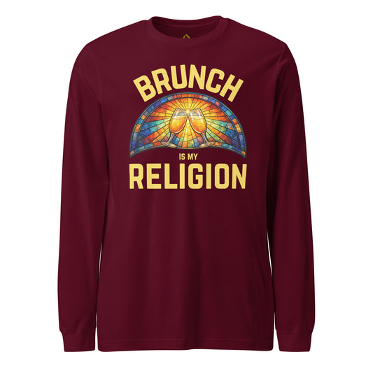 Maroon long-sleeve unisex shirt with 'Brunch is my Religion' text and colorful design – Boozie Adams