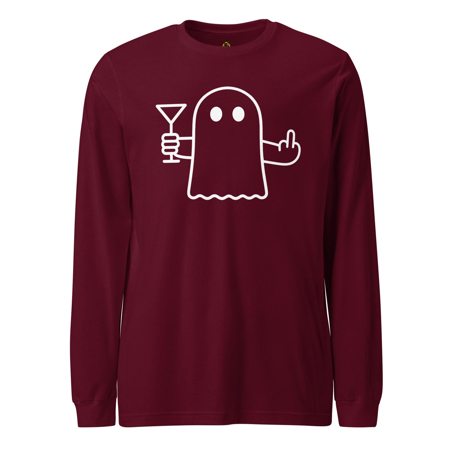 Maroon unisex long sleeve t-shirt with graphic of ghost flipping the bird and holding a martini – Boozie Adams