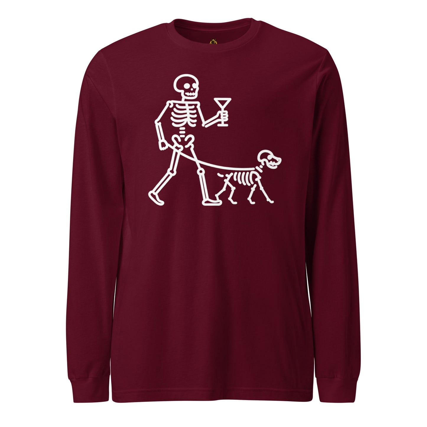 Maroon unisex long sleeve t-shirt with white graphic of a ghost walking a skeleton dog and holding a martini