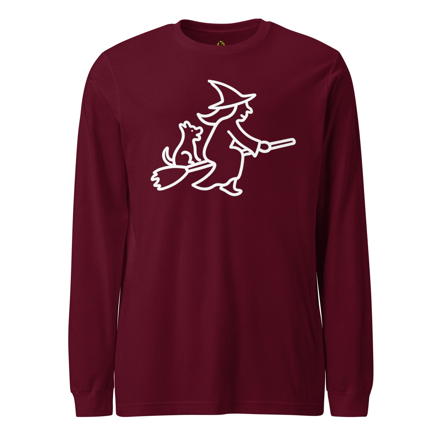 Maroon unisex long sleeve tee with white graphic of witch on broomstick with dog – Boozie Adams