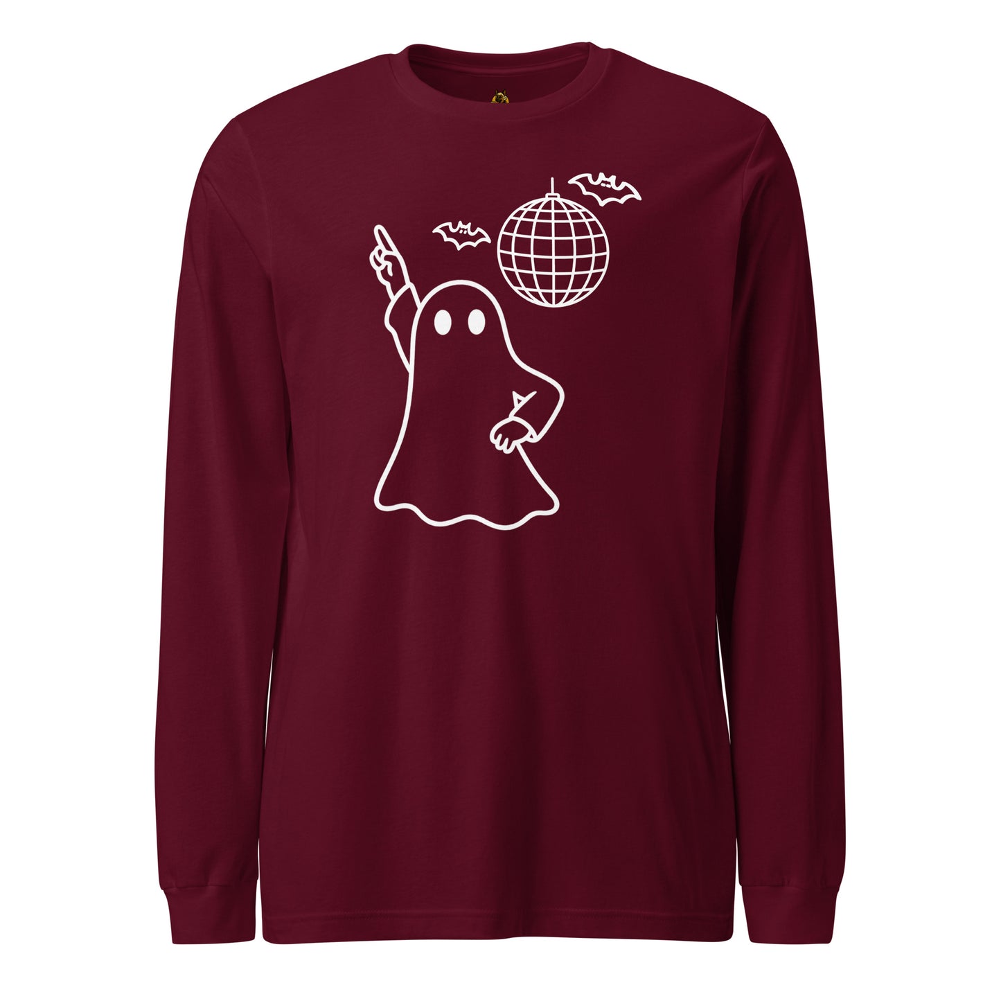 Maroon unisex long sleeve t-shirt with white graphic of ghost dancing by disco ball – Boozie Adams