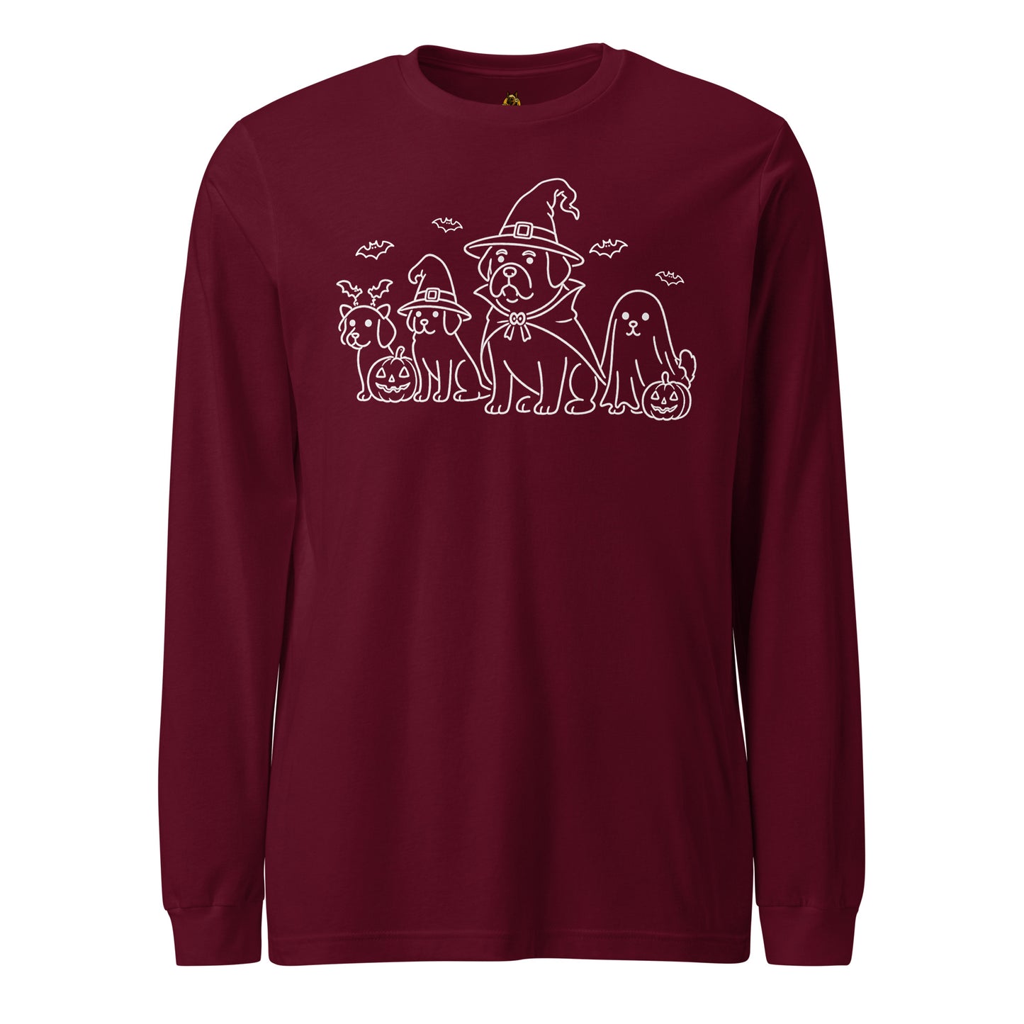 Maroon unisex long sleeve t-shirt with white graphic of dogs dressed in halloween costumes – Boozie Adams