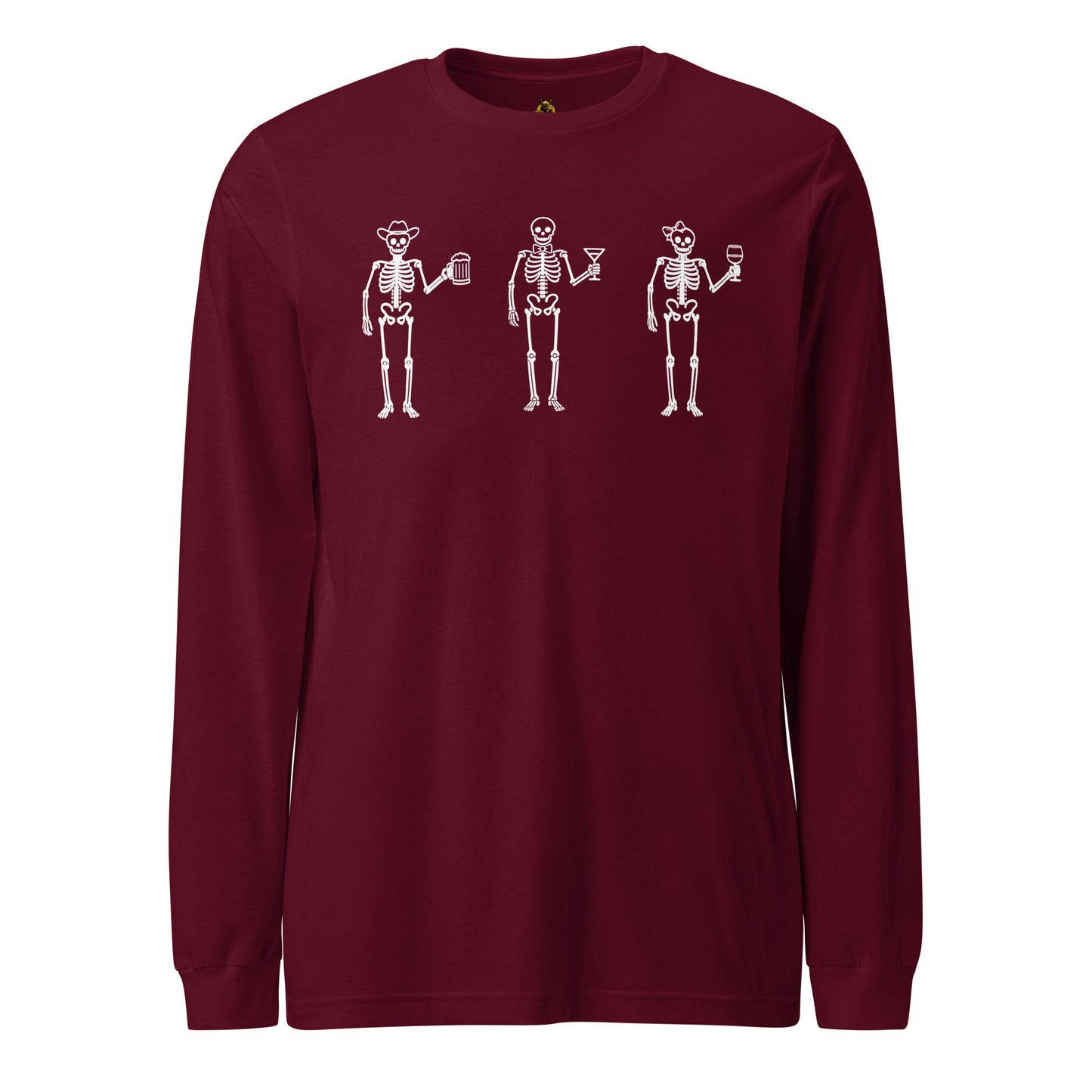 Maroon unisex long sleeve t-shirt with three skeletons each holding a beer, martini and wine glass – Boozie Adams