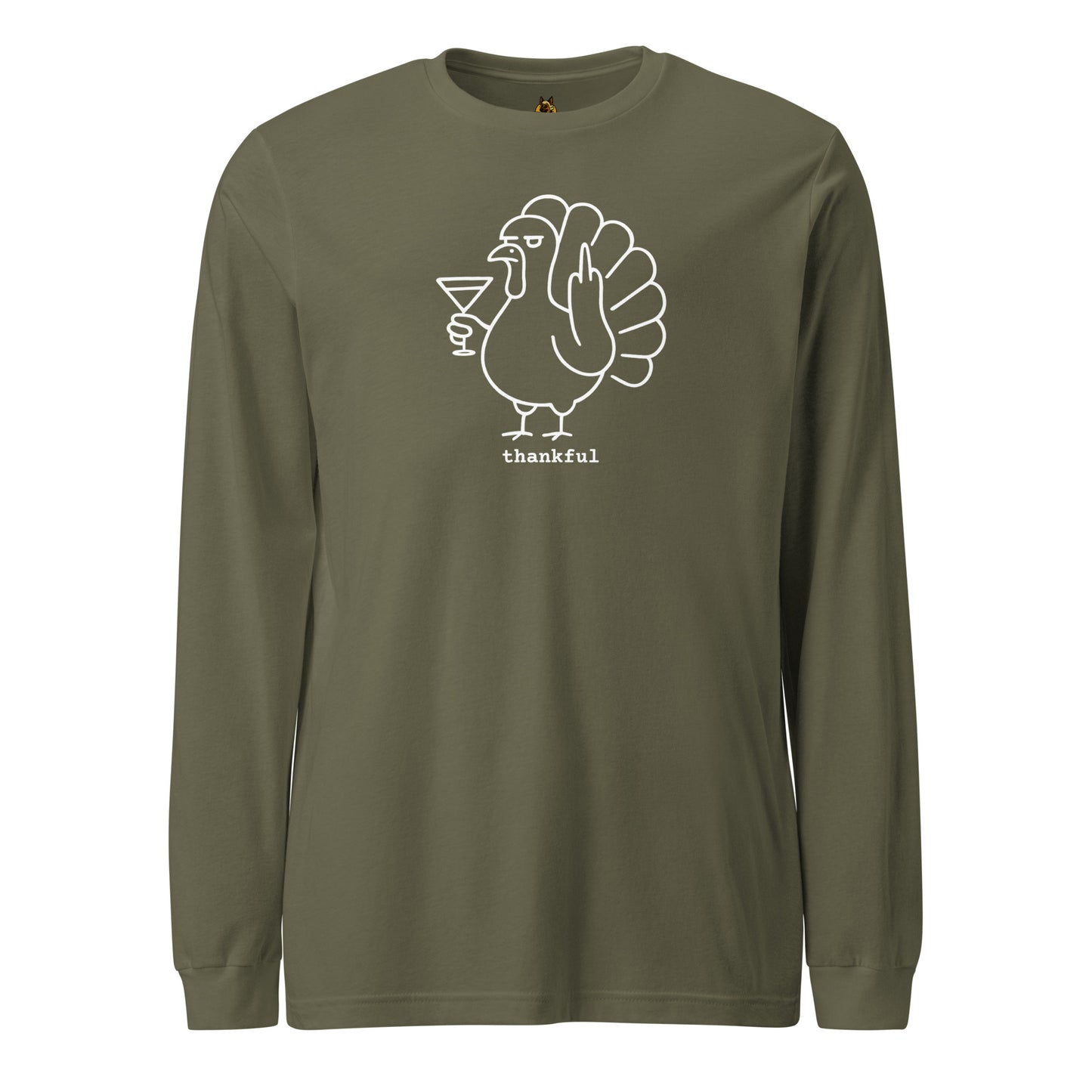 Military green long-sleeve shirt with a white turkey holiding a martini and flipping the bird graphic and 'thankful' text – Boozie Adams