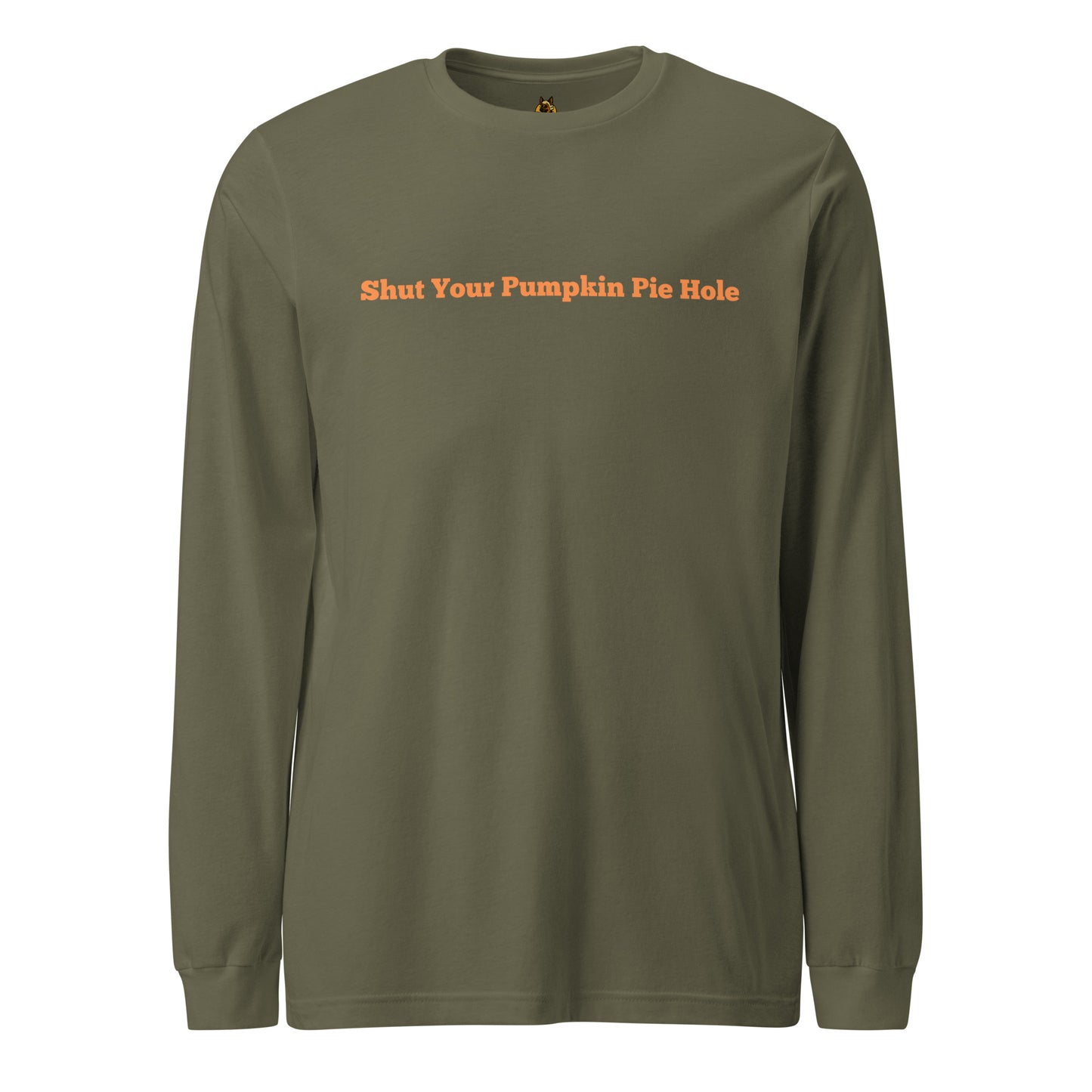 Green long-sleeve shirt with orange text 'shut your pumpkin pie hole' – Boozie Adams