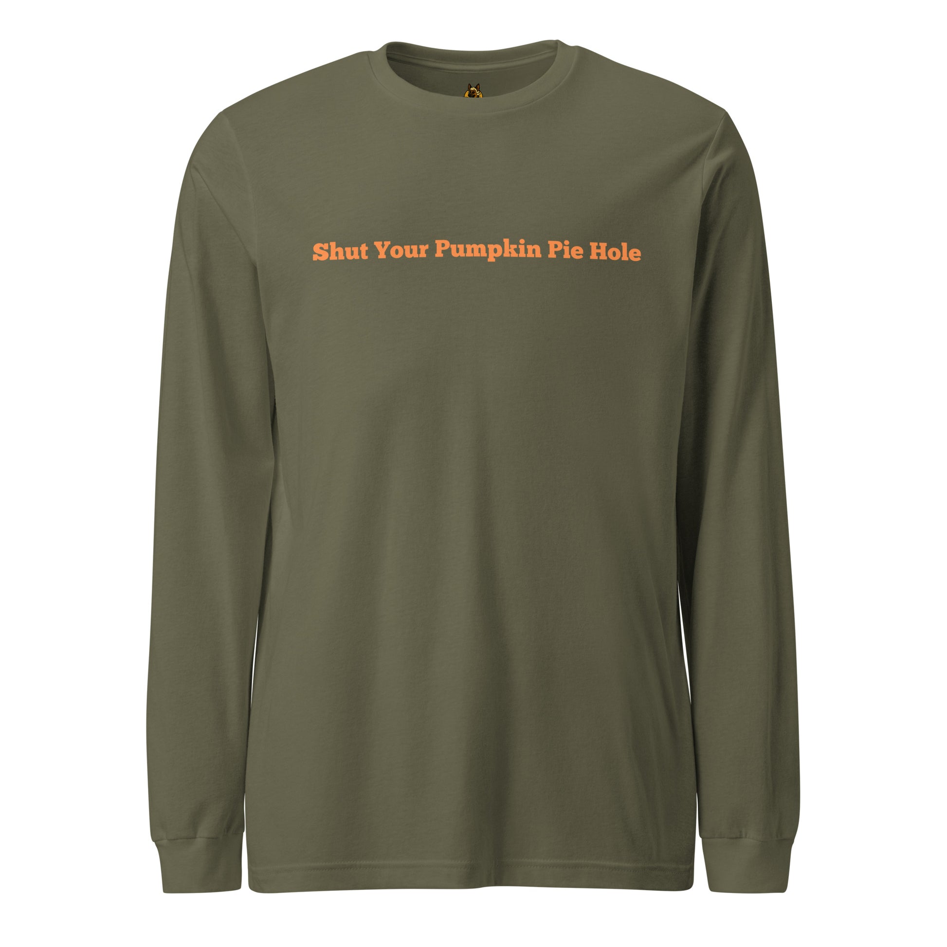 Green long-sleeve shirt with orange text 'shut your pumpkin pie hole' – Boozie Adams