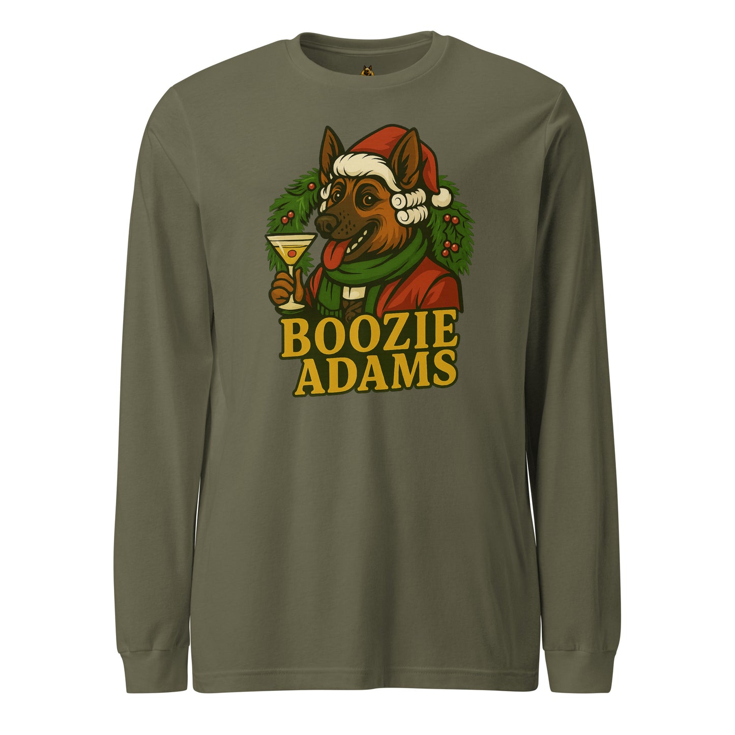 Military greeen long-sleeve unisex shirt with a graphic Boozie Adams holding a martini in front of a holiday wreath – Boozie Adams