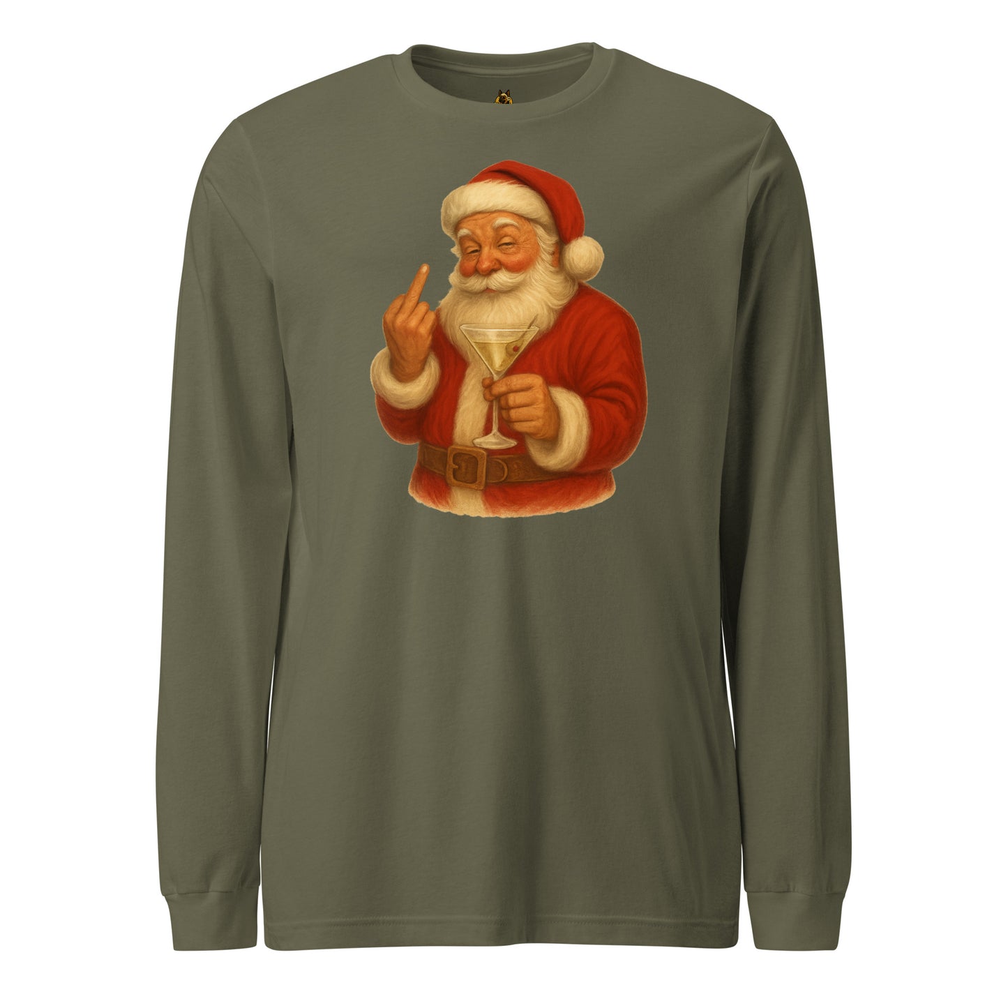 Green long-sleeve unisex shirt with a graphic of a Santa Claus holding a martini glass and flipping the bird – Boozie Adams