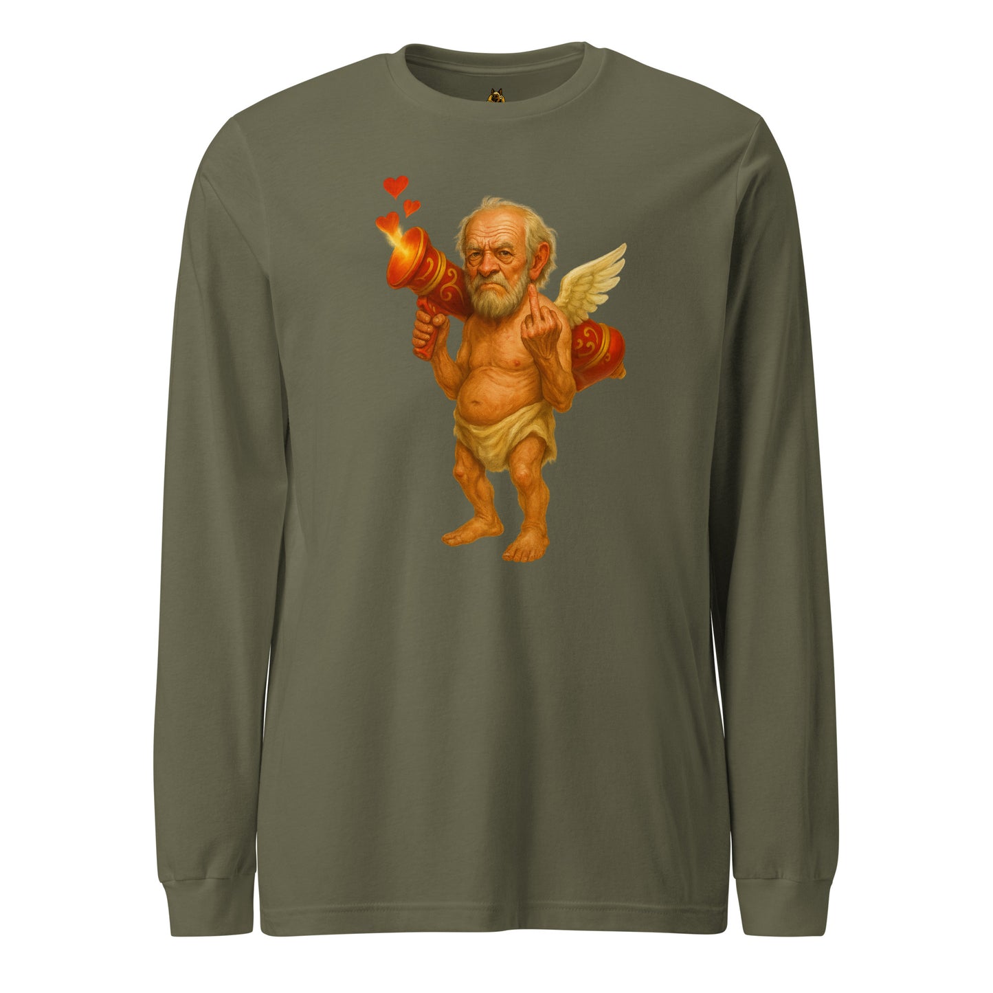 Green long-sleeve unisex shirt with a graphic of cupid flipping the bird – Boozie Adams