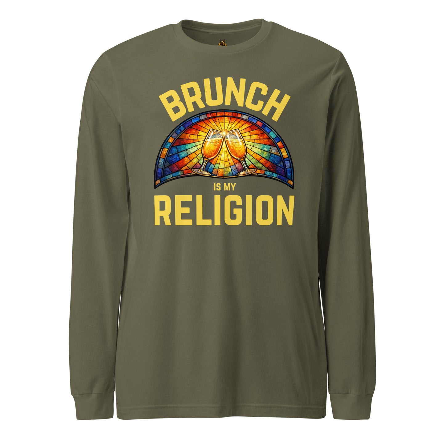 Green long-sleeve unisex shirt with 'Brunch is my Religion' text and colorful design – Boozie Adams