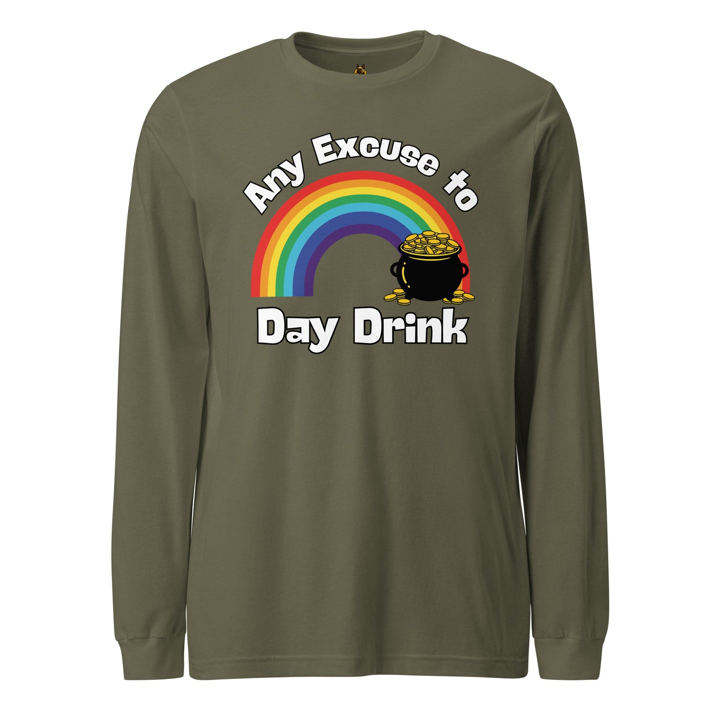 Military green unisex long-sleeve shirt with rainbow and pot of gold graphic and 'any excuse to day drink' text – Boozie Adams