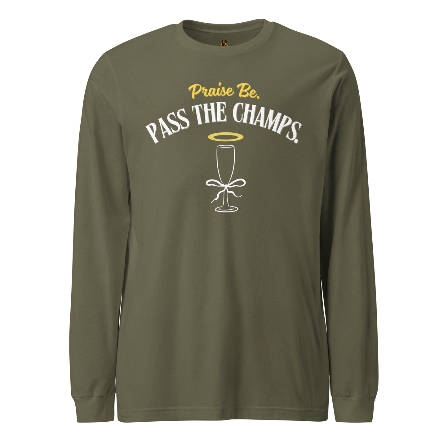 Green long-sleeve shirt with 'Praise Be, Pass the Champs' text and wine glass graphic – Boozie Adams