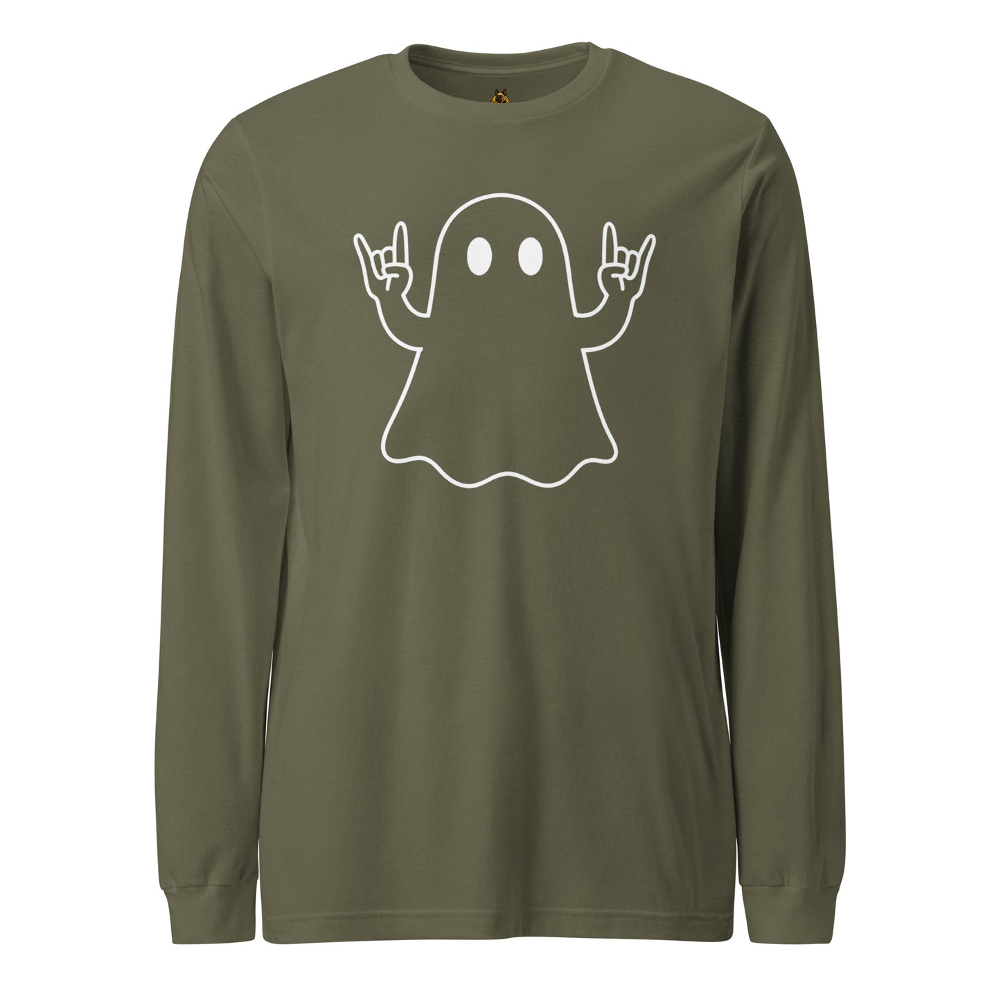 Green unisex long sleeve t-shirt with white graphic of ghost giving rock hands – Boozie Adams