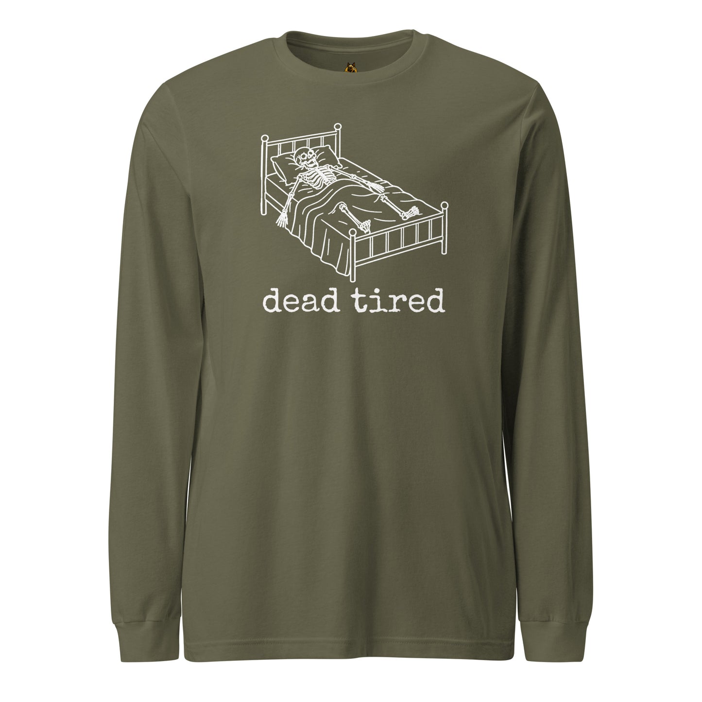 Olive green unisex long sleeve t-shirt with white graphic of ghost in bed and text 'dead tired' – Boozie Adams