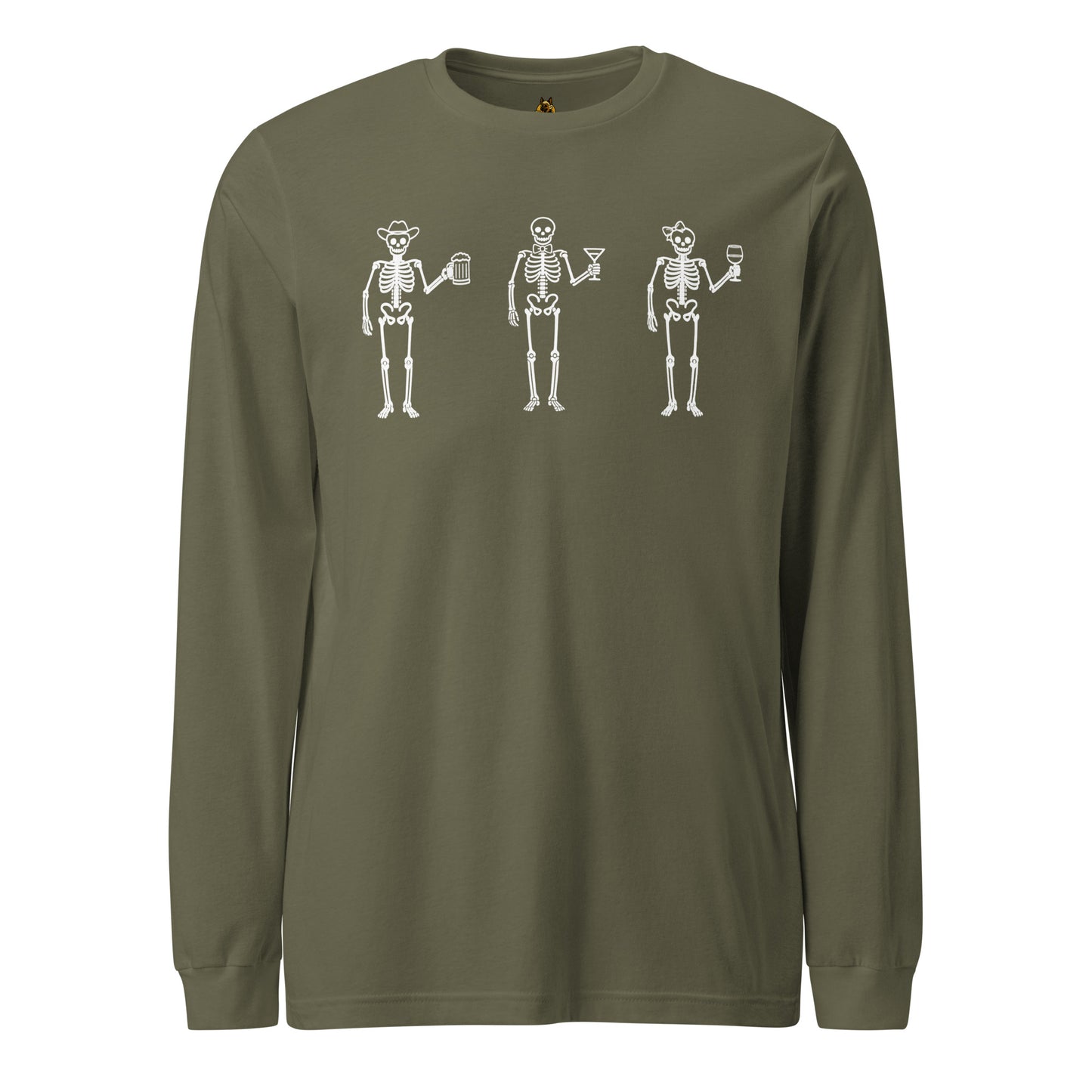 Olive unisex long sleeve t-shirt with three skeletons each holding a beer, martini and wine glass – Boozie Adams