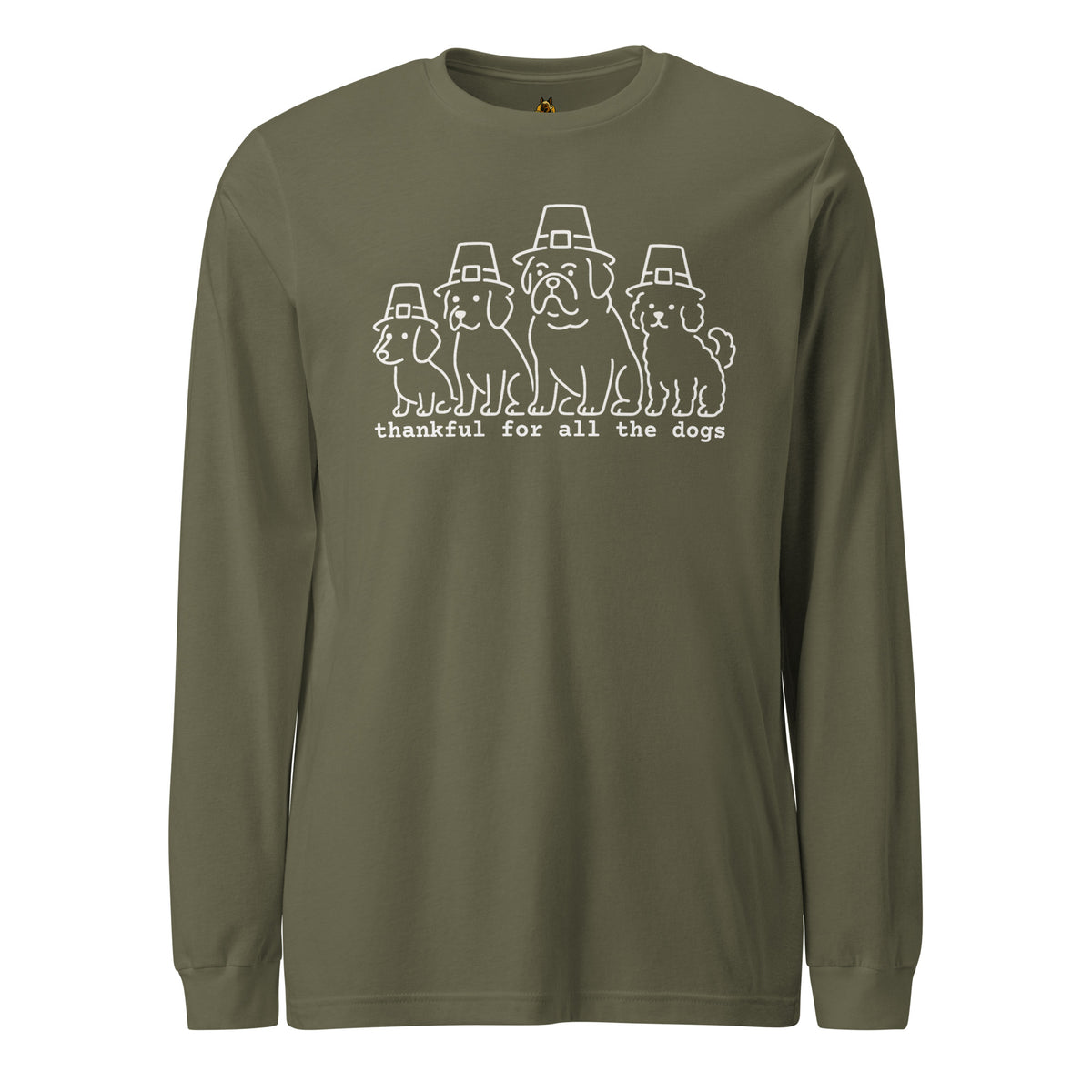 Military green long-sleeve shirt with white text 'I Love Thanksgiving Feels & Black Friday Deals' – Boozie Adams