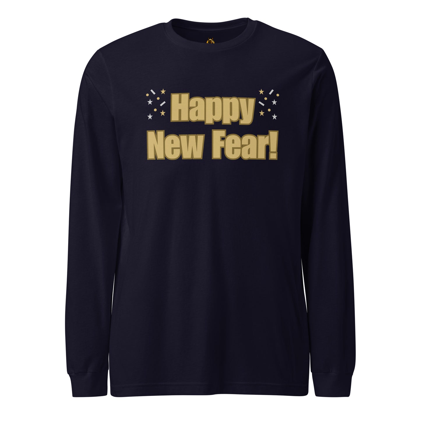 Blue long-sleeve shirt with 'Happy New Fear!' text in gold – Boozie Adams