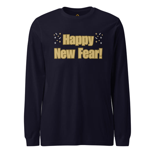 Blue long-sleeve shirt with 'Happy New Fear!' text in gold – Boozie Adams