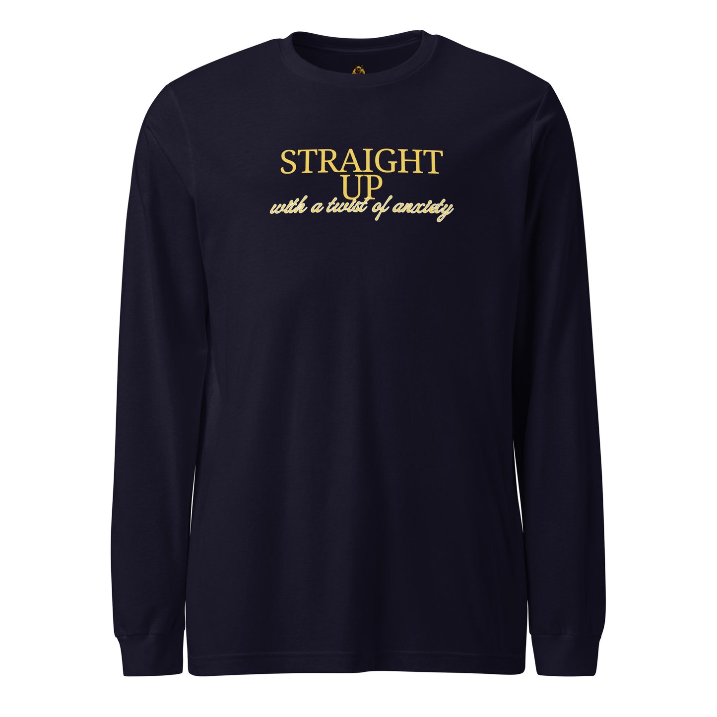 Navy unisex long-sleeve shirt with 'straight up with a twist of anxiety' yellow text – Boozie Adams