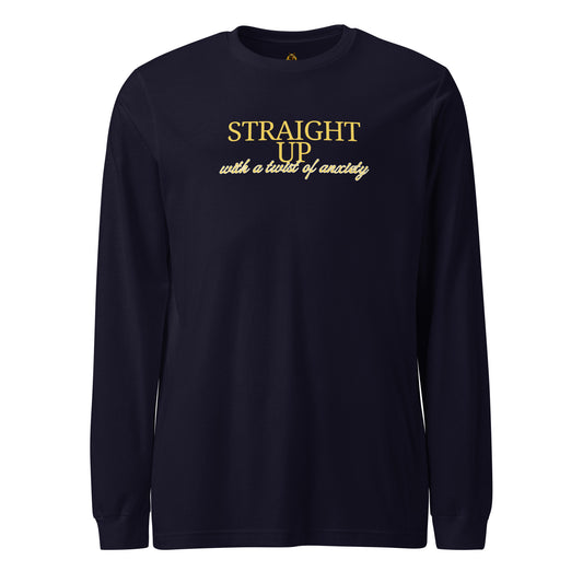 Navy unisex long-sleeve shirt with 'straight up with a twist of anxiety' yellow text – Boozie Adams