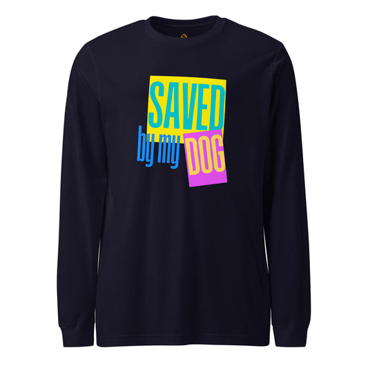 Navy long-sleeve shirt with colorful text 'SAVED by my DOG' – Boozie Adams