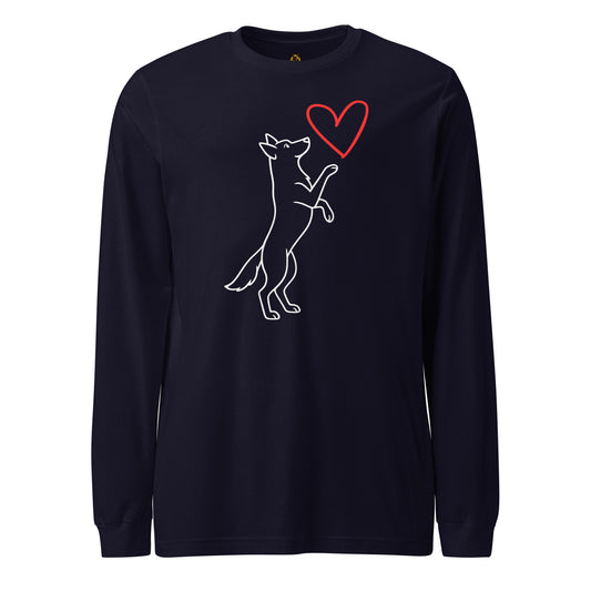 Navy unisex long-sleeve shirt with a white dog graphic and red heart – Boozie Adams