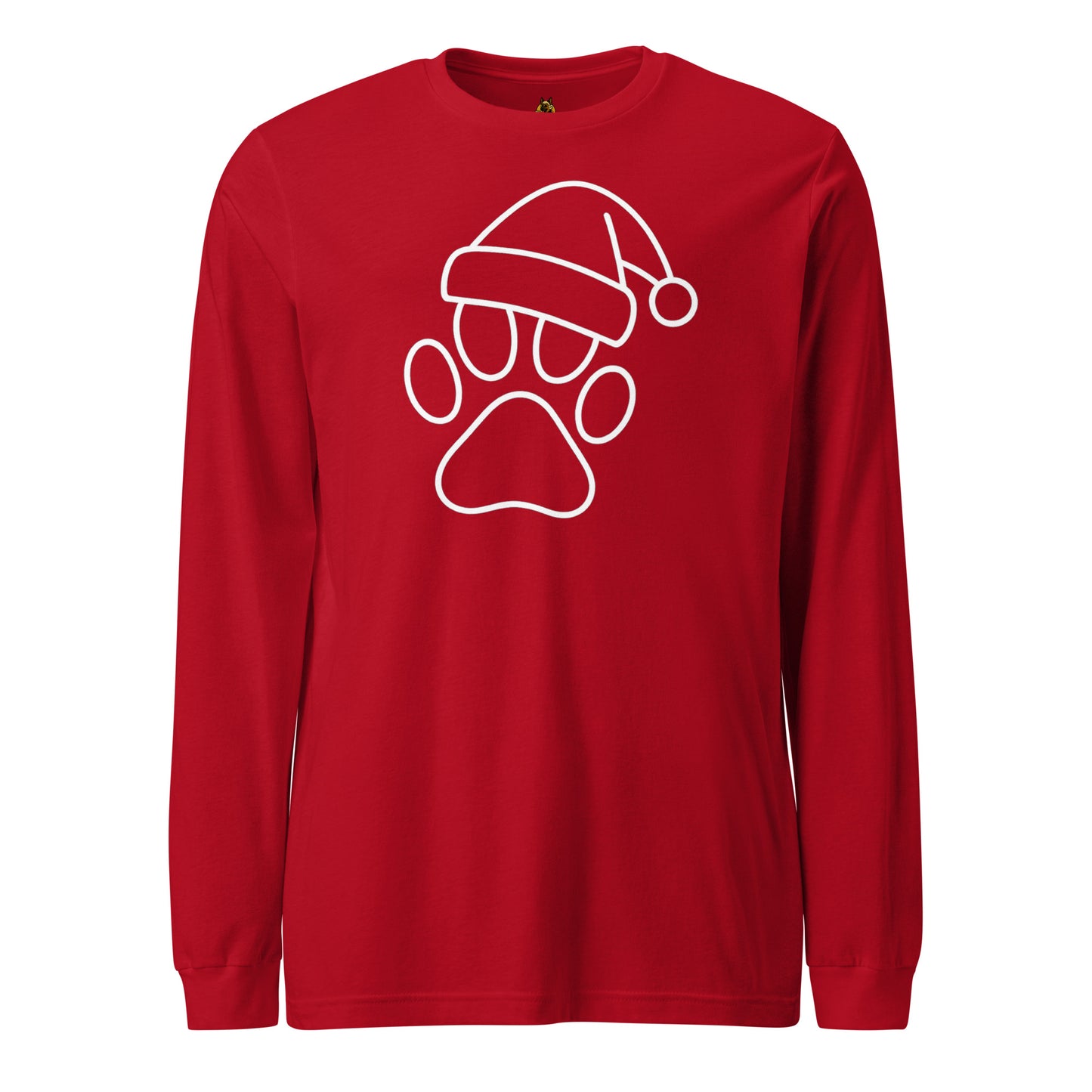 Red long-sleeve shirt with a white paw print and Santa hat design – Boozie Adams