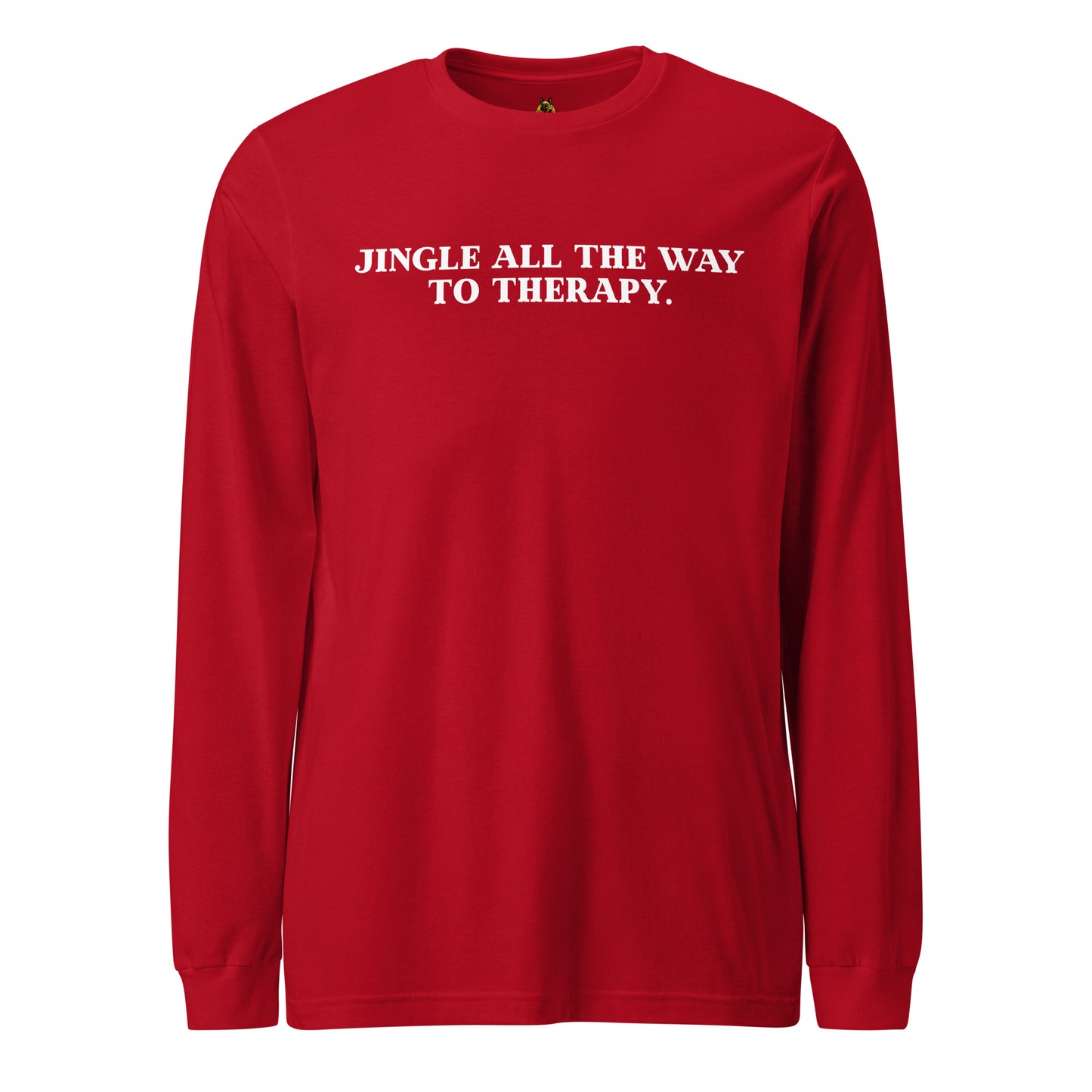 Red long-sleeve shirt with white text 'Jingle all the way to therapy' – Boozie Adams