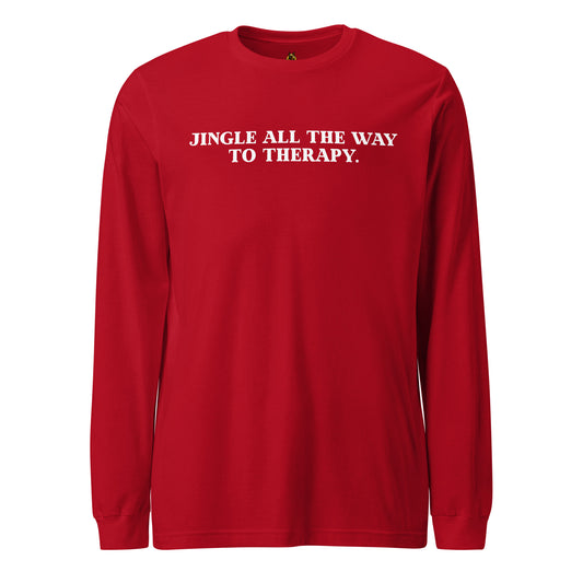 Red long-sleeve shirt with white text 'Jingle all the way to therapy' – Boozie Adams