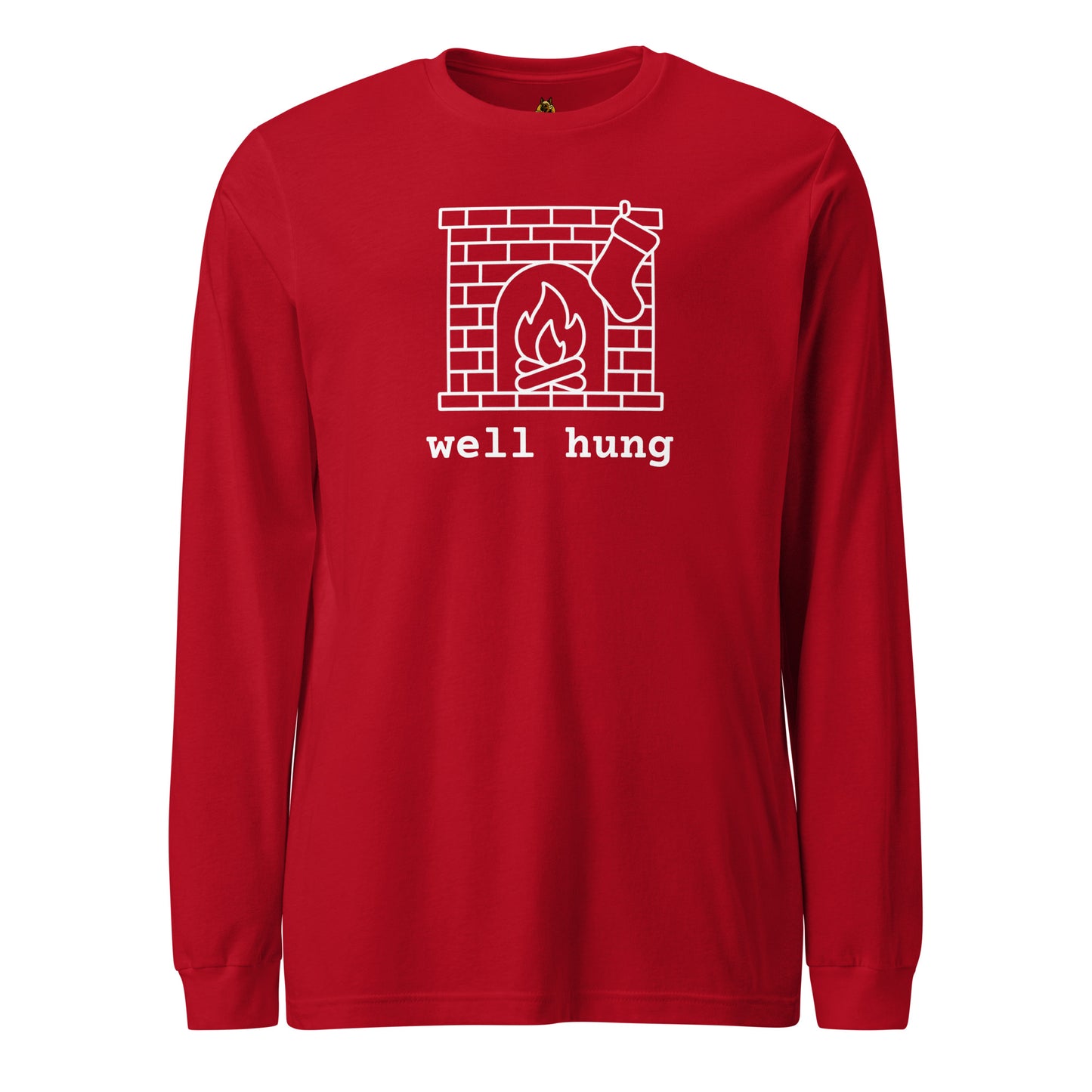 Red long-sleeve shirt with a stocking hung on a fireplace graphic and 'well hung' text – Boozie Adams