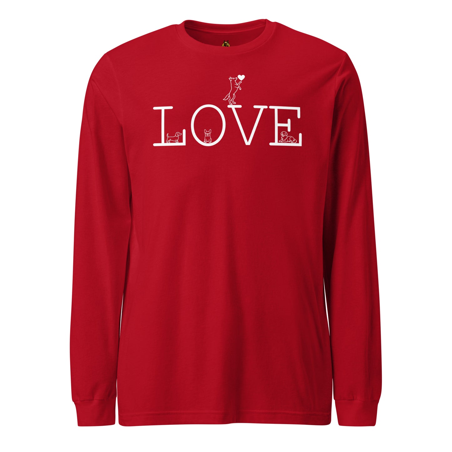 Red unisex long-sleeve shirt with 'LOVE' text with dogs – Boozie Adams