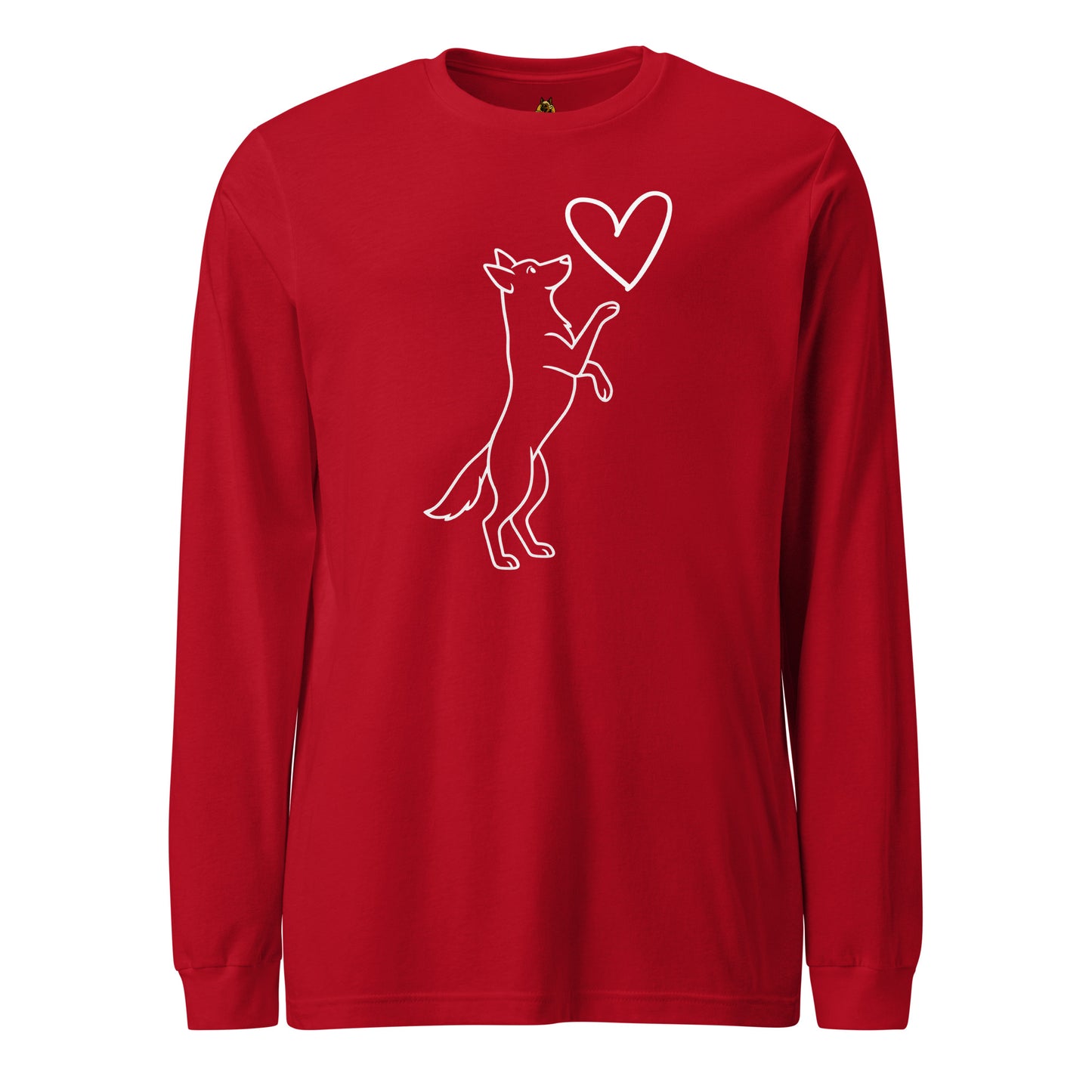 Red unisex long-sleeve shirt with a white dog and heart design – Boozie Adams