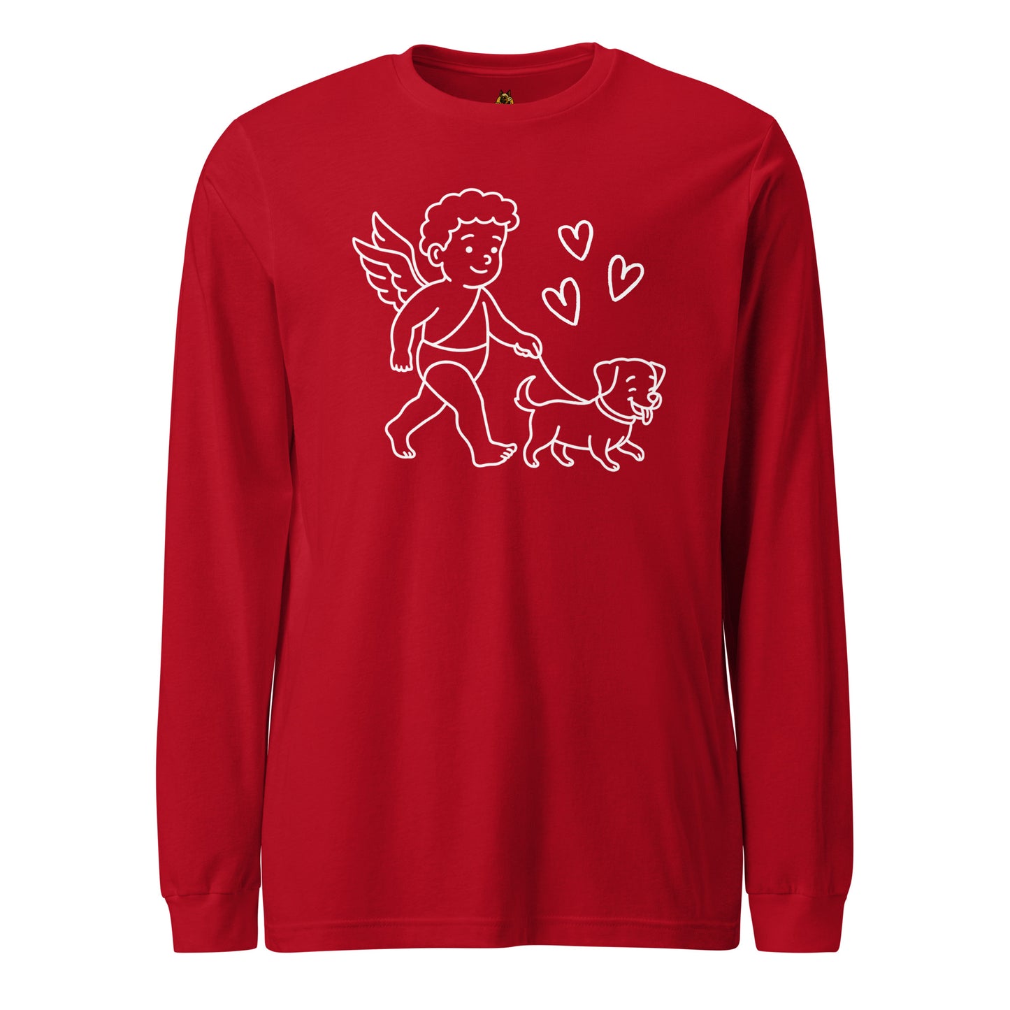 Red unisex long-sleeve shirt with white graphic of cupid walking a dog, surrounded by hearts – Boozie Adams